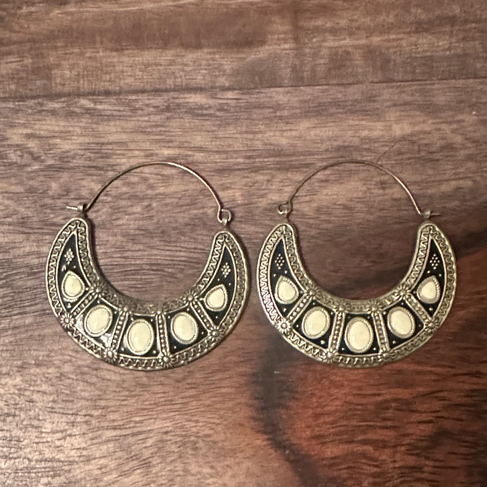 Boho Chich Black and white , Silver Hoop Earrings
